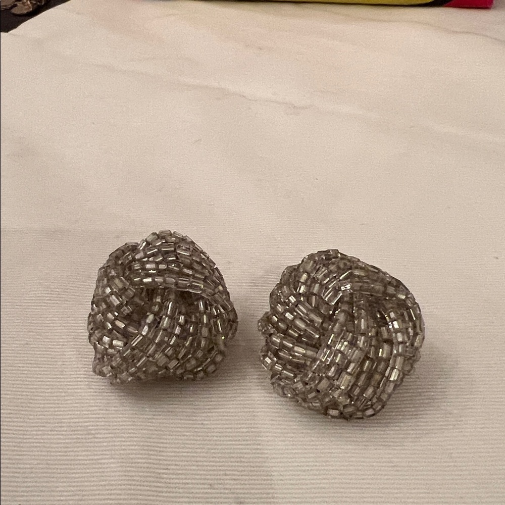 Cameo Vintage Silver Tone Glass Beaded Knot Earrings Clip On Mid Century